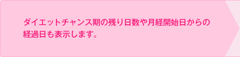 ダイエットチャンス期の残り日数や月経開始日からの経過日も表示します。