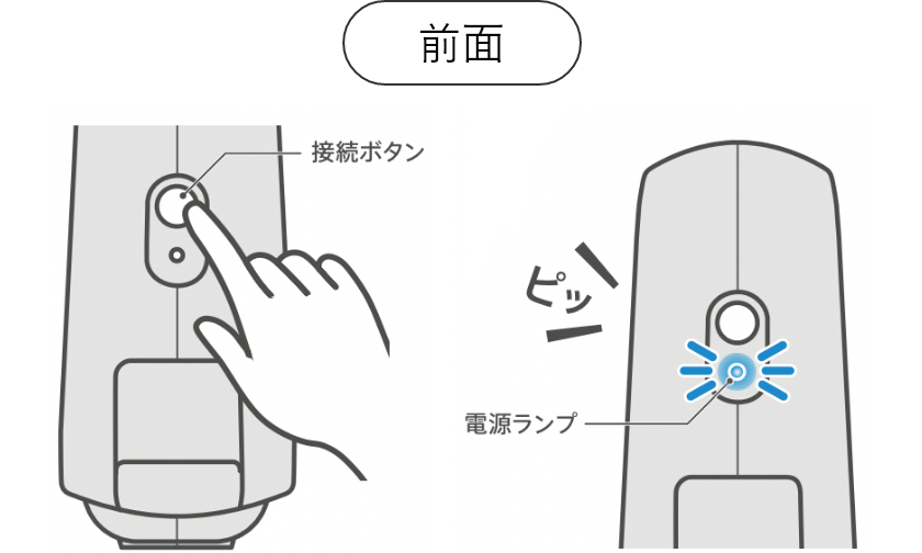 本機の接続ボタンを長押しし、本機がピッと鳴って電源ランプが青色に点滅することを確認