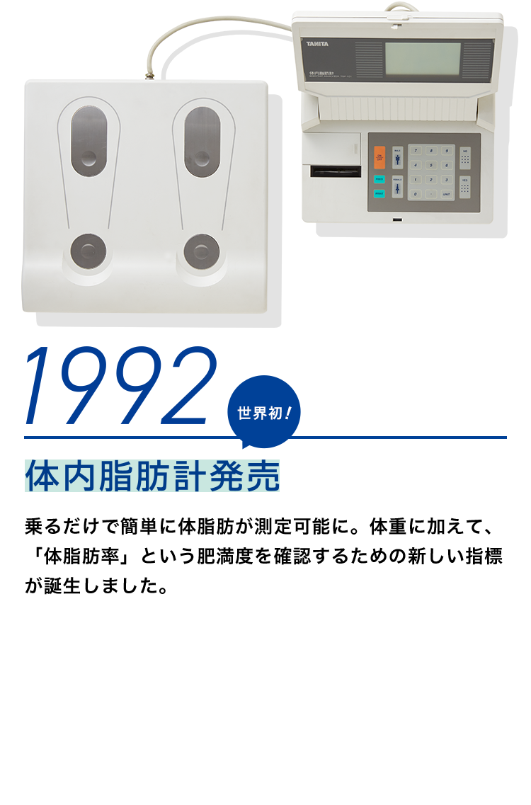 1992 体内脂肪計発売 乗るだけで簡単に体脂肪が測定可能に。体重に加えて、「体脂肪率」という肥満度を確認するための新しい指標が誕生しました。